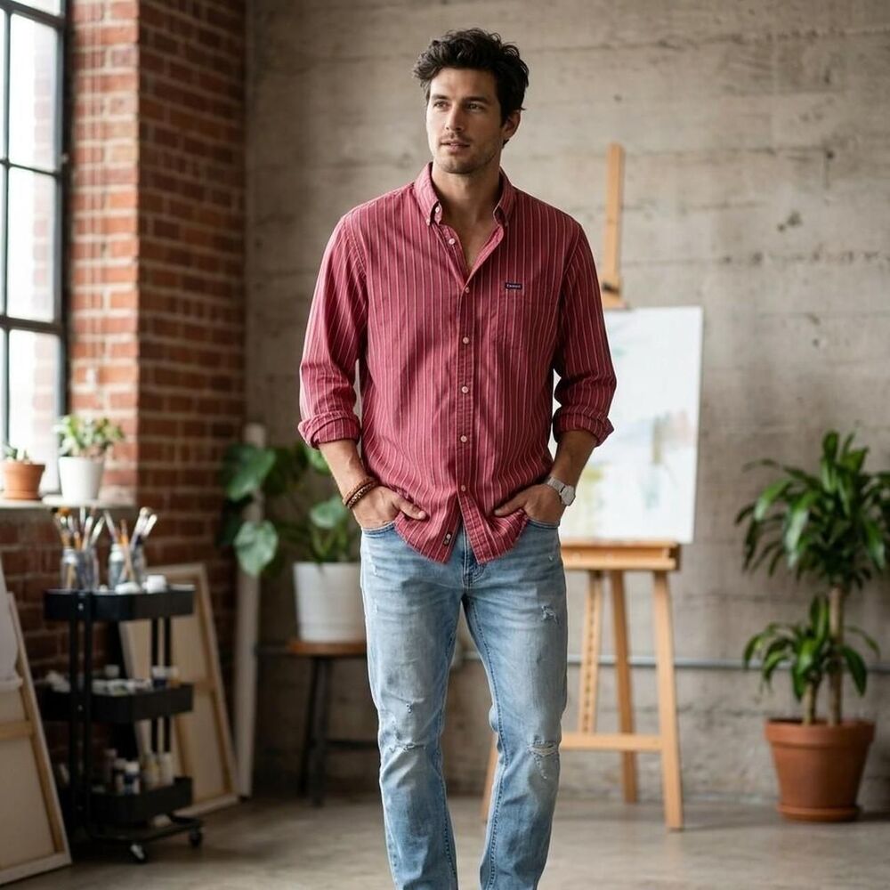 Chaps Striped Button Down Shirt Red Navy White Size XXL business  preppy
